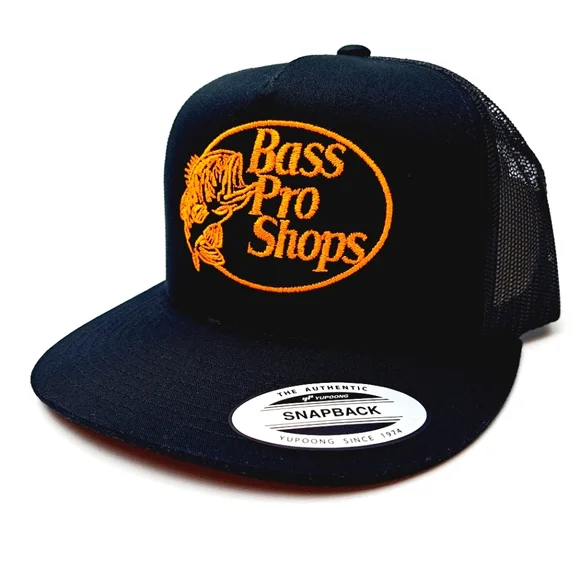 Bass Pro Shops Flat Bill Trucker Mesh Snapback Cap Hat Black Embroidered - Picture 2 of 4